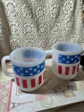 Glasbake Patriotic Stars & Stripes Milk Glass Mugs, White, Red & Blue (Set of 2)